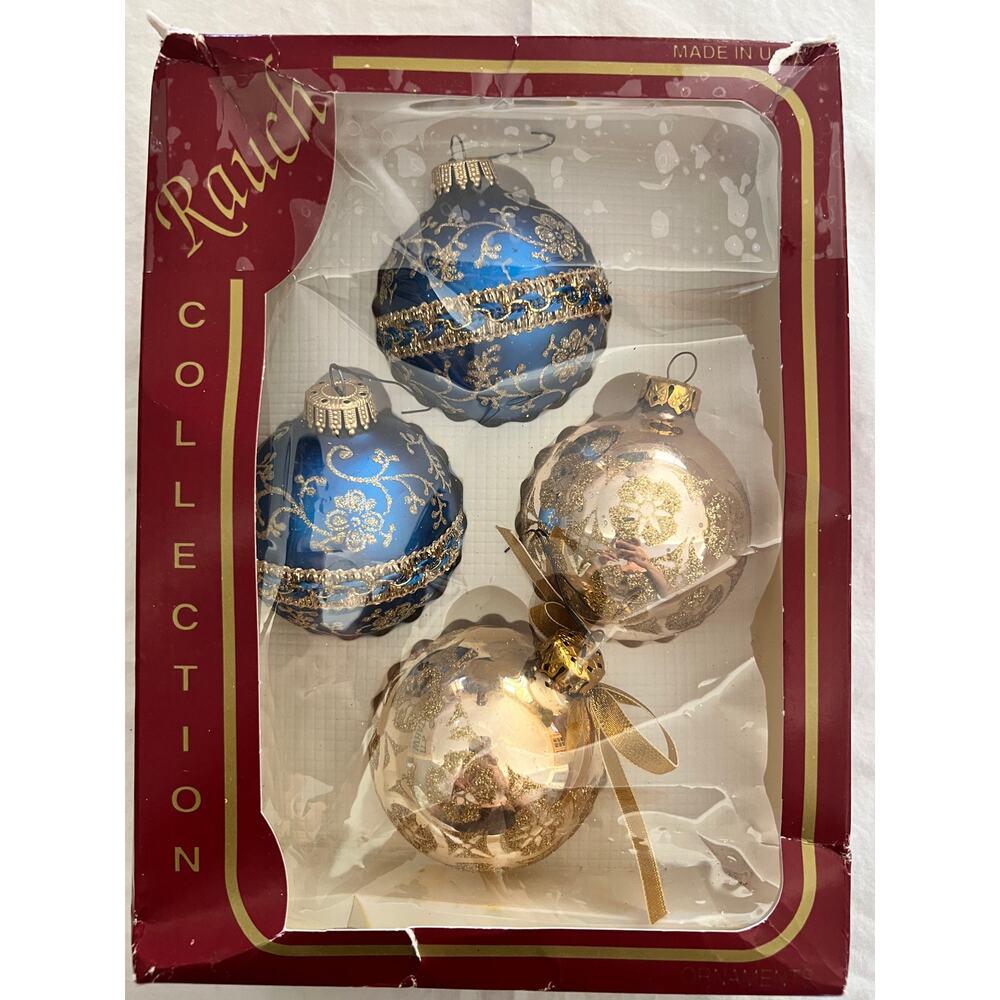 Vintage Rauch Collection Glass Christmas Ornaments Blue Gold Set of 4 USA